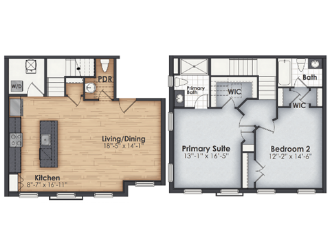Floor plan for 2 beds, 2.5 baths, 1279 sqft